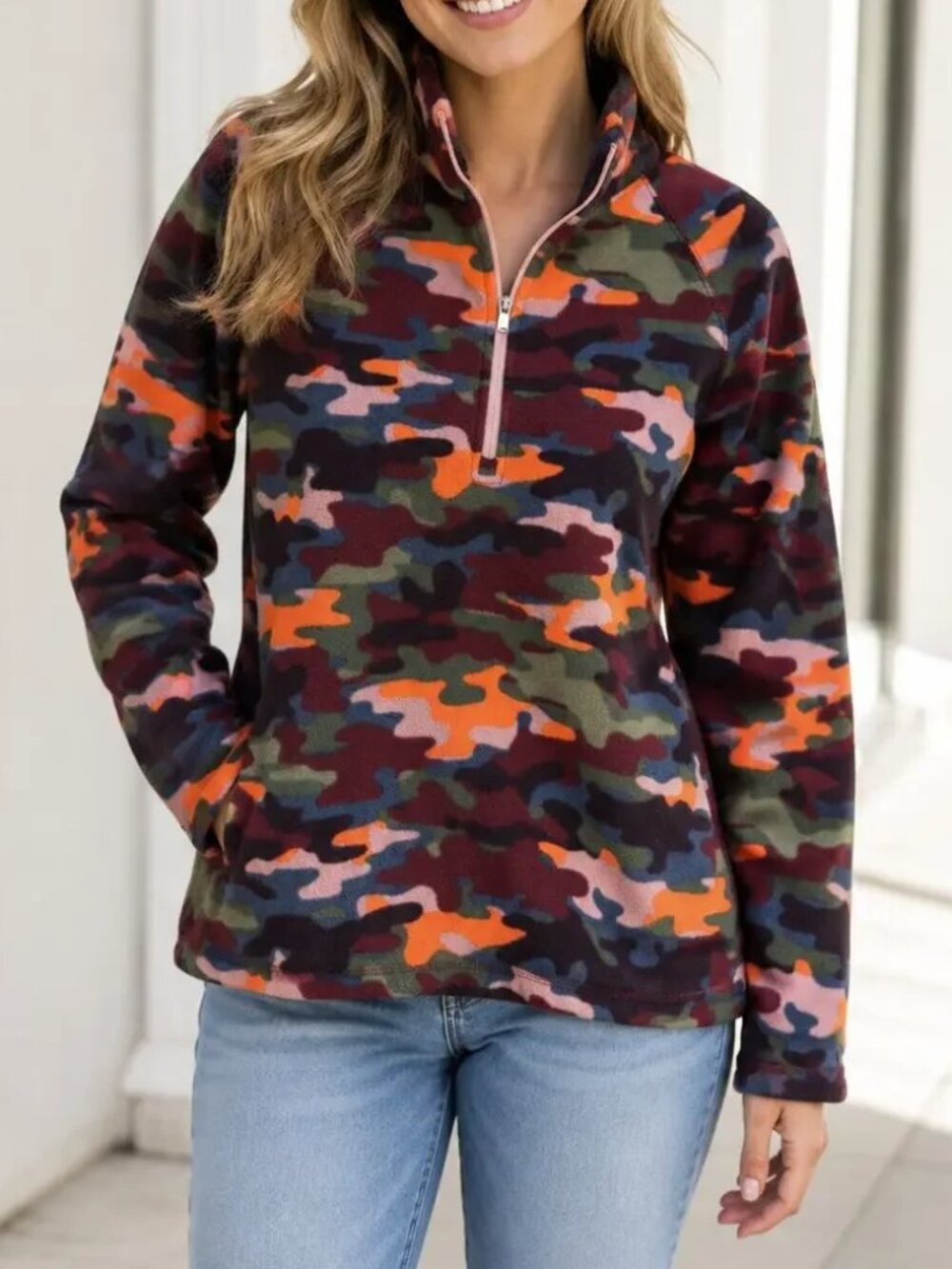 Eddie Bauer - Pink Maroon Camo 1/4 Zip Fleece Pullover Jacket | Small